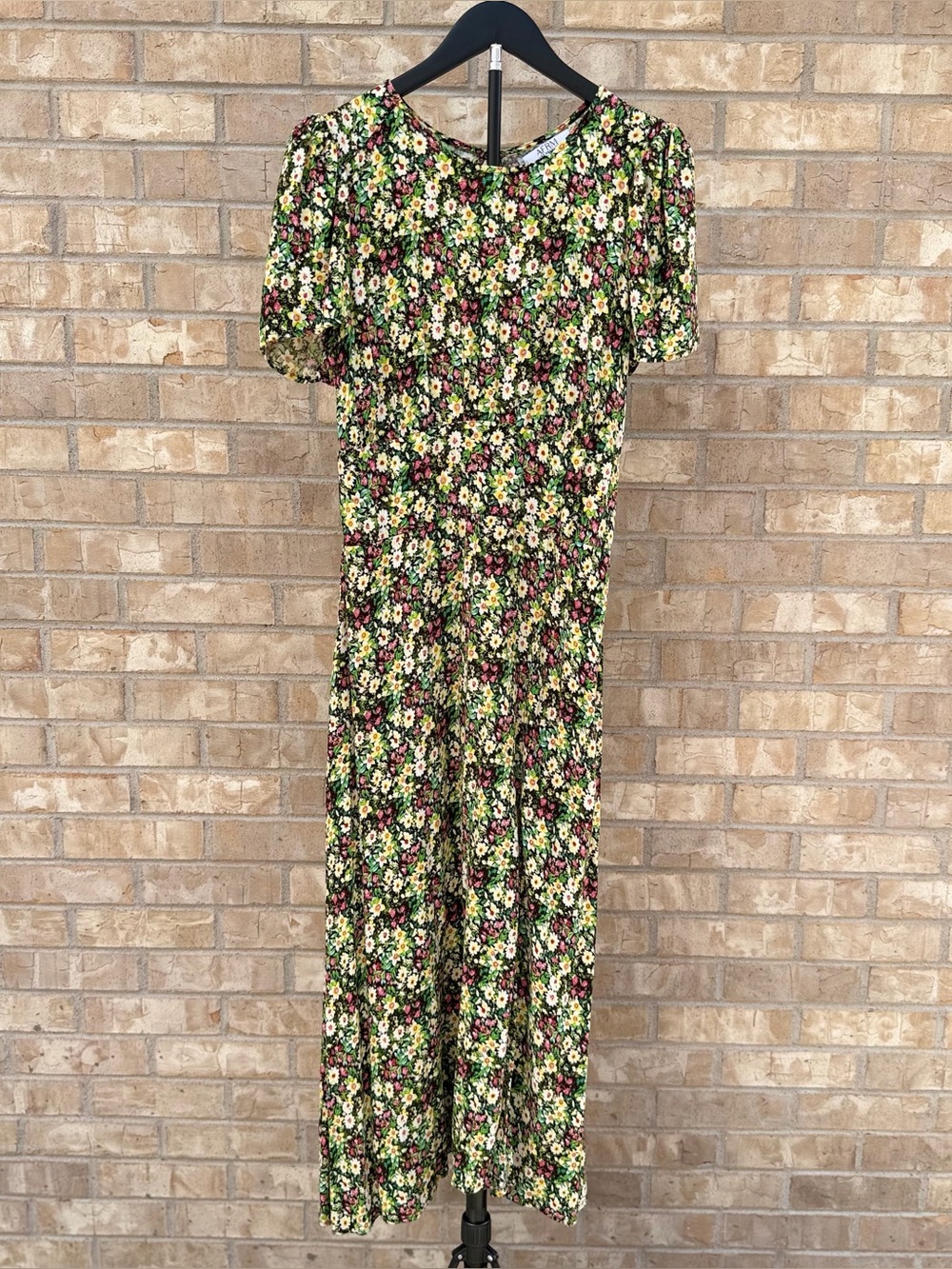 AFRM Jamie Floral Open Back Midi Dress Green Puff Sleeve L Maxi Side Slit EUC